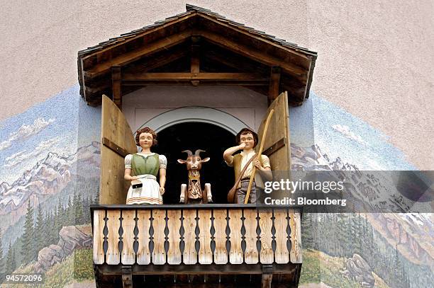 Heidi and Geissenpeter clockwork figures hang on the wall inside the tower at Heidiland, near Landquart, Switzerland, on Tuesday, Jan. 22, 2008. For...