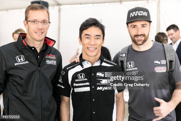 Indy Drivers Sebastien Bourdais, Takuma Sato and James Hinchcliffe attend the 2018 Toyota Grand Prix of Long Beach Media Luncheon at Toyota Grand...