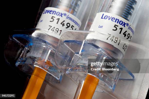 Syringes containing the anti-clot drug Lovenox are arranged for a photograph at C O Bigelow Pharmacy in New York, Tuesday, Nov. 6, 2007....