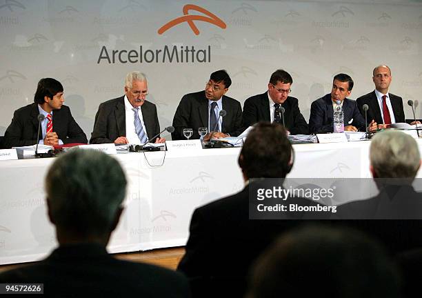 Left to right: Aditya Mittal, ArcelorMittal chief financial officer, Joseph Kinsch, ArcelorMittal chairman of the board of directors, Lakshmi Mittal,...