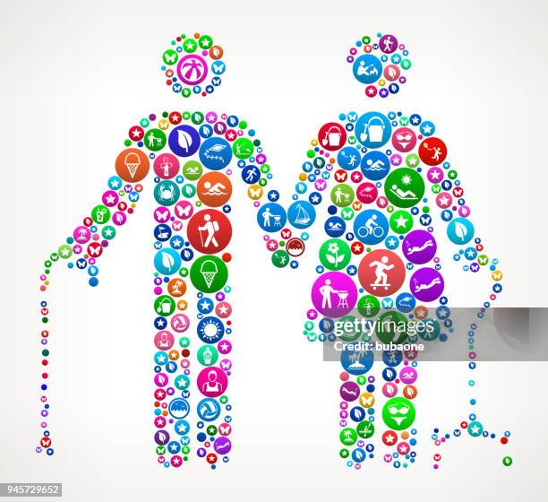 elderly couple summer colorful vector icon pattern - couple sunbathing stock illustrations