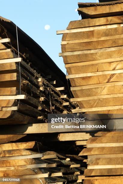 Stockage de plots de bois en vue de leur vente, Montreuil sous Bois Seine St Denis, septembre 2007.