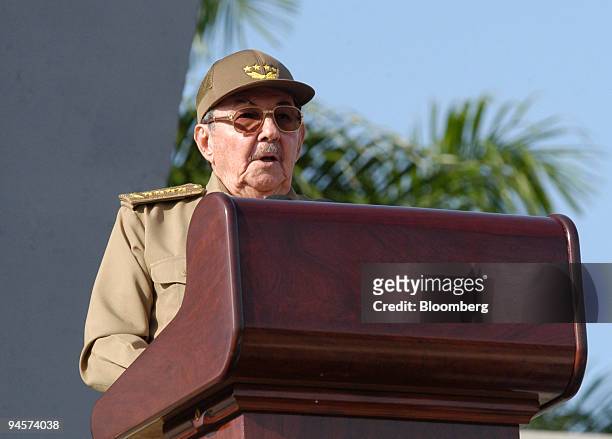Cuba's interim President Raul Castro gives a speech at the Revolution Square in Camaguey, 375 miles east of Havana, Cuba, during Cuba's National...