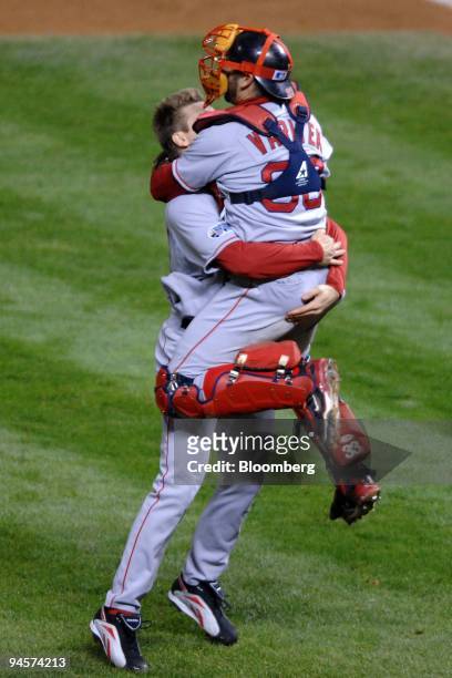 Jonathan Papelbon of the Red Sox celebrates after defeating the Colorado Rockies in Game 4 of the Major League Baseball World Series at Coors Field...