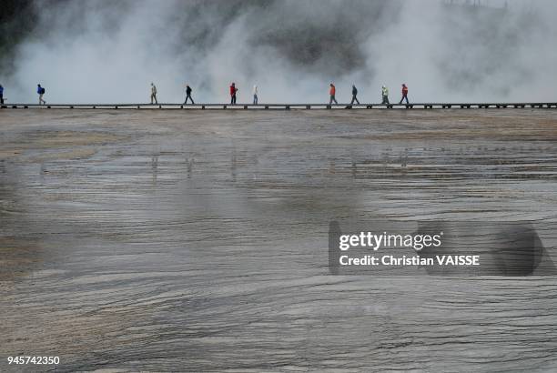 TOURISTE ET GEYSER PARC NATIONAL DU YELLOWSTONE WYOMING ETATS-UNIS USA.