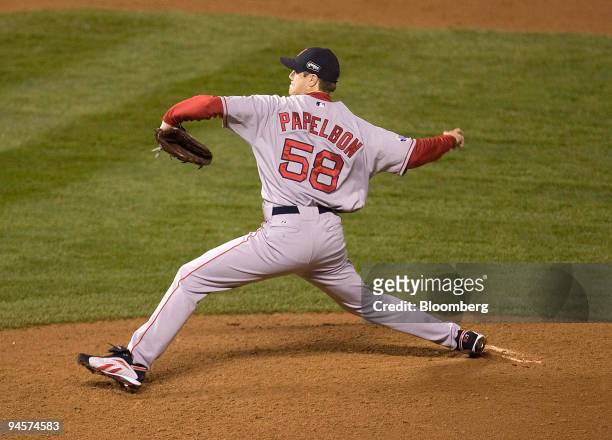 Jonathan Papelbon of the Boston Red Sox pitches during Game 3 of the Major League Baseball World Series against the Colorado Rockies at Coors Field...