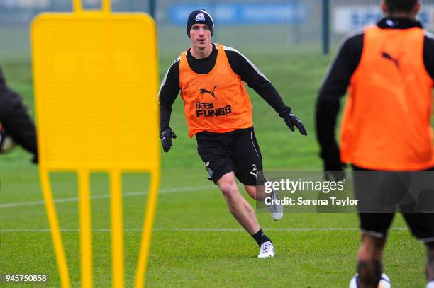 Ciaran Clark runs to receive the ball during the Newcastle United Training Session at the Newcastle United Training Centre on April 13 in Newcastle...