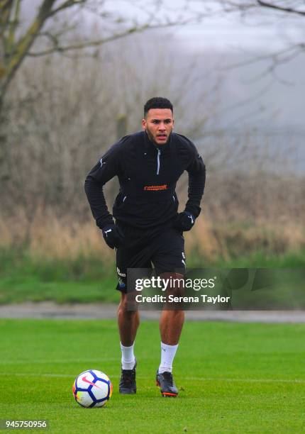 Jamaal Lascelles runs with the ball during the Newcastle United Training Session at the Newcastle United Training Centre on April 13 in Newcastle...