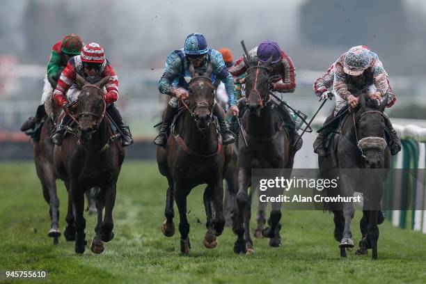 Robert Dunne riding Jester Jet win The Alder Hey Children's Charity Handicap Hurdle Race at Aintree racecourse on April 13, 2018 in Liverpool,...