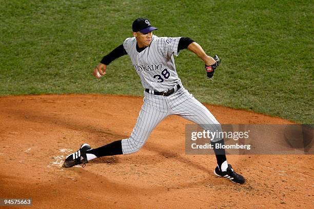 Ubaldo Jimenez of the Colorado Rockies pitches against the Boston Red Sox during Game 2 of the Major League Baseball World Series at Fenway Park in...
