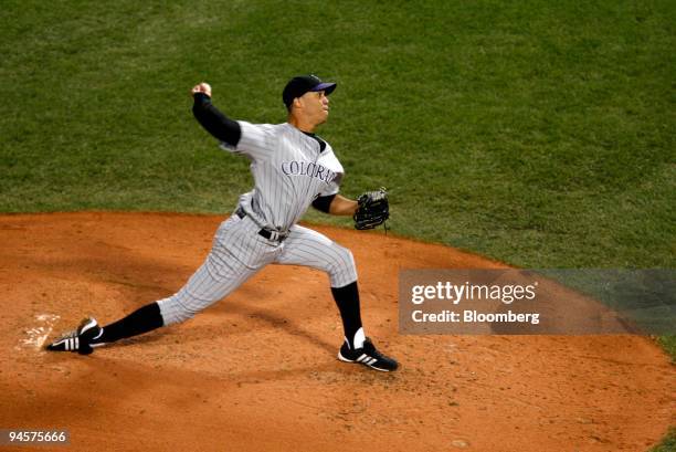 Ubaldo Jimenez of the Colorado Rockies pitches against the Boston Red Sox during Game 2 of the Major League Baseball World Series at Fenway Park in...