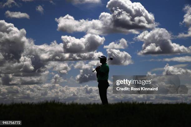 Jon Rahm of Spain reacts after his shot on the 6th tee during day two of the Open de Espana at Centro Nacional de Golf on April 13, 2018 in Madrid,...