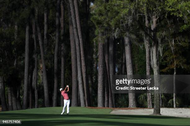 Si Woo Kim of South Korea plays a shot from the 15th fairway during the second round of the 2018 RBC Heritage at Harbour Town Golf Links on April 13,...