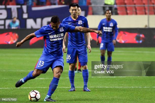 Fredy Guarin of Shanghai Shenhua controls the ball during the 2018 Chinese Super League 6th round match between Shanghai Shenhua and Guangzhou...