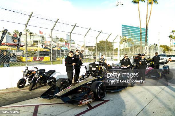 James Hinchcliffe prepares for the Pitstop competition at the 2018 Toyota Grand Prix of Long Beach Media Luncheon at Toyota Grand Prix of Long Beach...