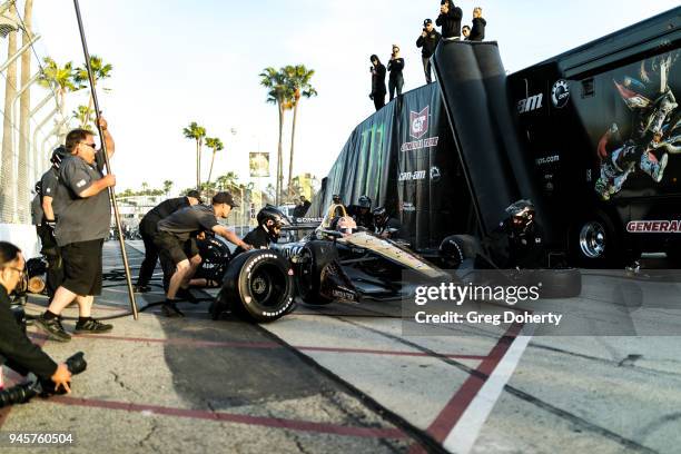 James Hinchcliffe prepares for the Pitstop competition at the 2018 Toyota Grand Prix of Long Beach Media Luncheon at Toyota Grand Prix of Long Beach...