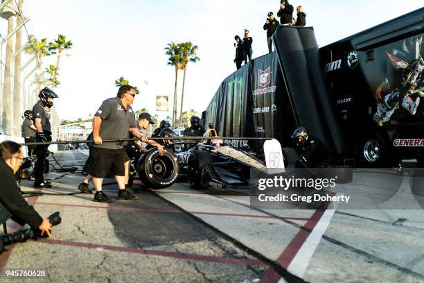 James Hinchcliffe prepares for the Pitstop competition at the 2018 Toyota Grand Prix of Long Beach Media Luncheon at Toyota Grand Prix of Long Beach...