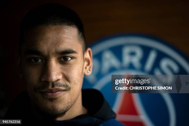 Paris Saint-Germain french goalkeeper Alphonse Areola poses at the Camp des loges on April 13, in saint-Germain en Laye, western Paris, on April 13...