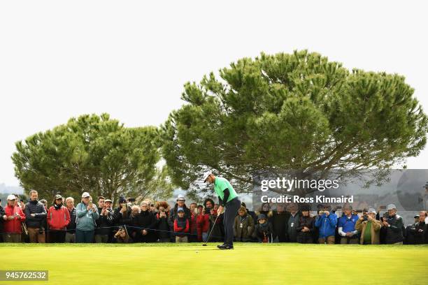 Jon Rahm of Spain takes his putt on the 6th green during day two of the Open de Espana at Centro Nacional de Golf on April 13, 2018 in Madrid, Spain.