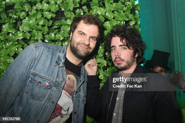 Comedians Quentin Margot and Eric Metzger attend Villa Schweppes Party 2018 At Hotel De Salomon De Rothschild on April 12, 2018 in Paris, France.