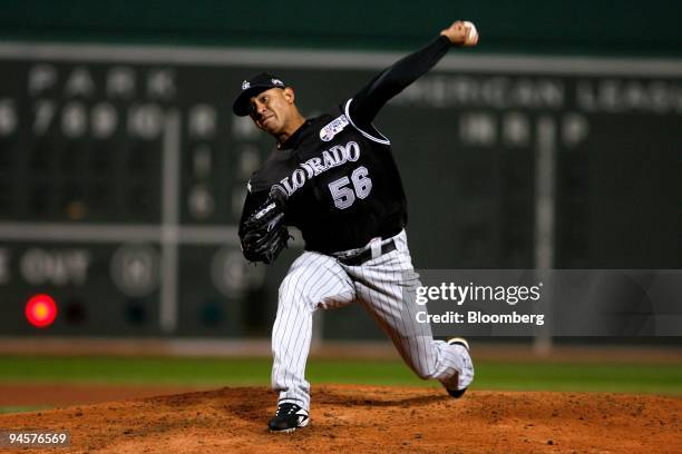 Franklin Morales of the Colorado Rockies pitches against the Boston Red Sox during Game 1 of the Major League Baseball World Series at Fenway Park in...