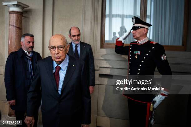 Italian President Emeritus, Giorgio Napolitano, leaves the Quirinal palace after a meeting with Italian President Sergio Mattarella on the second day...