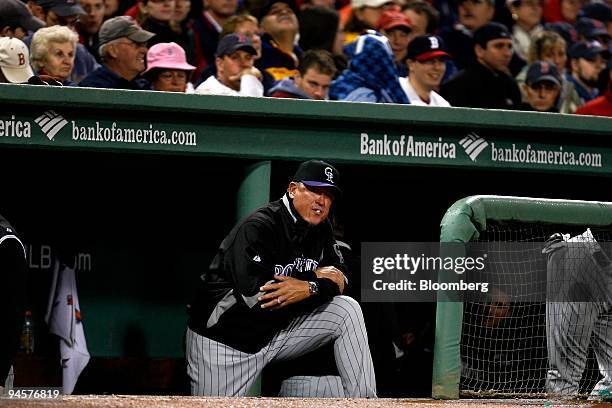 Clint Hurdle, manager of the Colorado Rockies, looks on during Game 1 of the Major League Baseball World Series against the Boston Red Sox at Fenway...