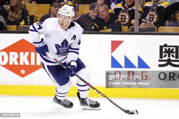 Morgan Rielly of the Toronto Maple Leafs skates against the Boston Bruins during the third period of Game One of the Eastern Conference First Round...