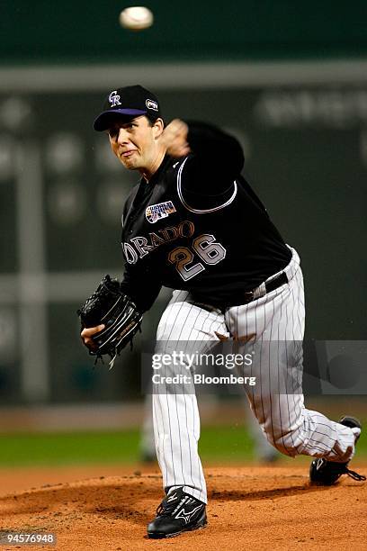 Jeff Francis of the Colorado Rockies pitches against the Boston Red Sox during Game 1 of the Major League Baseball World Series at Fenway Park in...