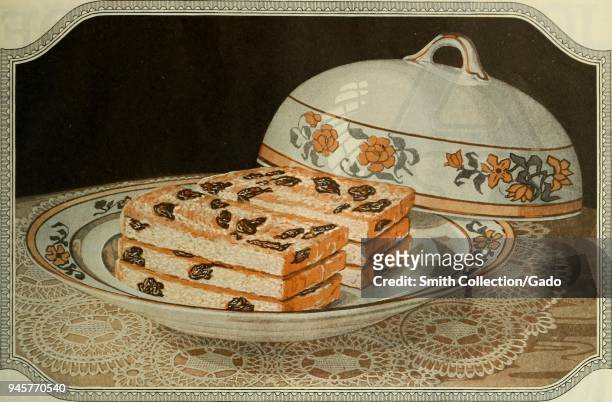 Color engraving of raisin bread toast served on a painted plate with matching cloche, on a table with a lace doily, 1839. Courtesy Internet Archive.