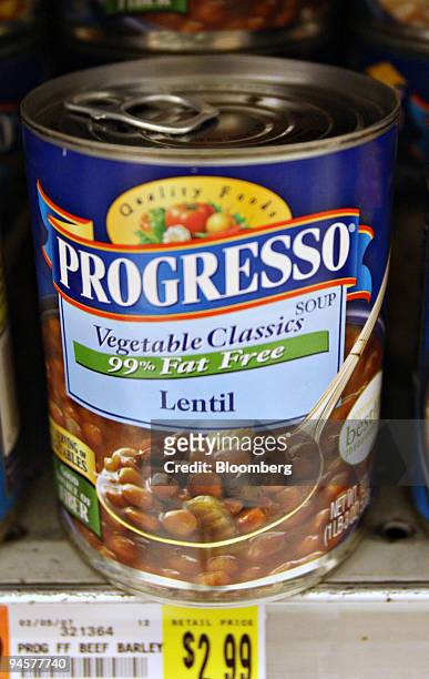 Can of General Mills brand Progresso soup is displayed on a supermarket shelf in New York, U.S. On Wednesday, Sept. 19, 2007. General Mills Inc., the...