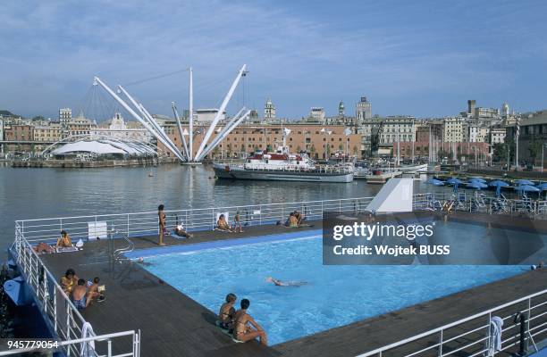 PALACE DELLE FESTE AND MAGAZZINI DEL COTONE SWIMMING POOL, GENOA, LIGURIA, ITALY.