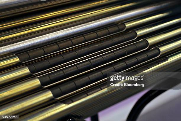 Uranium pellets fill fuel rods in this full-scale model of a nuclear fuel assembly at the Ulba Metallurgical Plant in Ust-Kamenogorsk, Kazakhstan, on...
