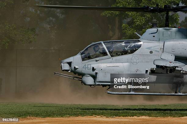 Cobra helicopter piloted by a member of the Marine Light/Attack Helicopter Squadron 167 based in New River, North Carolina, lands during a helicopter...