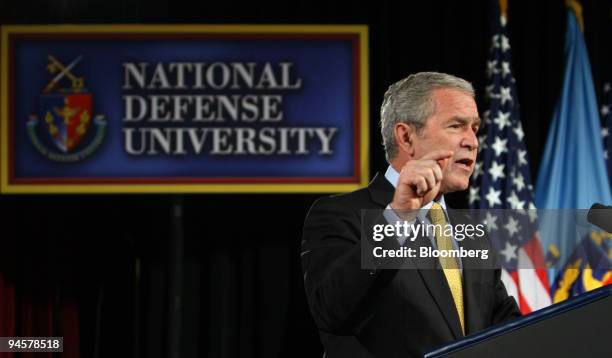 President George W. Bush speaks at the National Defense University in Washington, D.C., U.S., on Tuesday, Oct. 23, 2007. Bush said the government is...