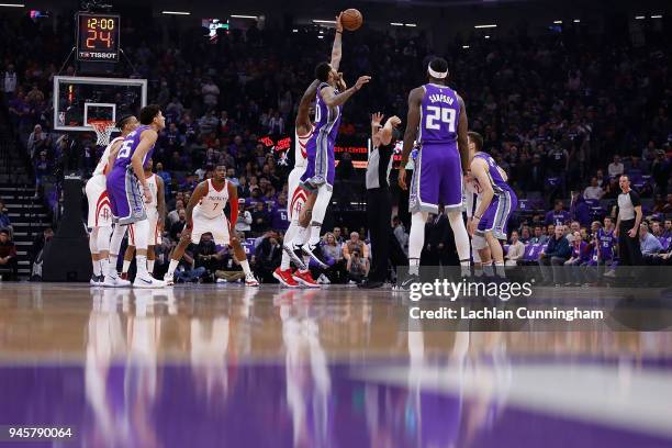 Willie Cauley-Stein of the Sacramento Kings wins the tip off to start the game against the Houston Rockets at Golden 1 Center on April 11, 2018 in...