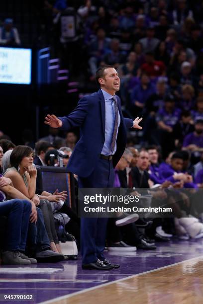 Head coach of the Sacramento Kings Dave Joerger gives directions to his team during the game against the Houston Rockets at Golden 1 Center on April...