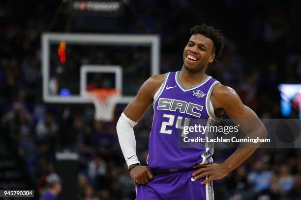 Buddy Hield of the Sacramento Kings looks on during the game against the Houston Rockets at Golden 1 Center on April 11, 2018 in Sacramento,...