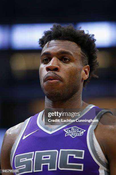 Buddy Hield of the Sacramento Kings looks on during the game against the Houston Rockets at Golden 1 Center on April 11, 2018 in Sacramento,...