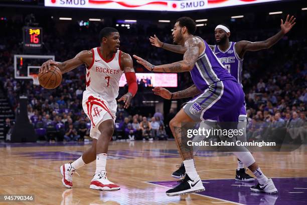 Joe Johnson of the Sacramento Kings is guarded by Willie Cauley-Stein of the Sacramento Kings at Golden 1 Center on April 11, 2018 in Sacramento,...