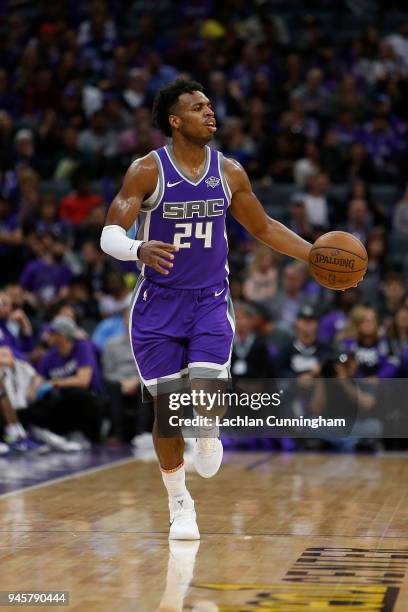 Buddy Hield of the Sacramento Kings dribbles the ball up court against the Houston Rockets at Golden 1 Center on April 11, 2018 in Sacramento,...