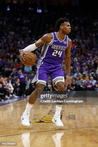 Buddy Hield of the Sacramento Kings dribbles the ball up court against the Houston Rockets at Golden 1 Center on April 11, 2018 in Sacramento,...