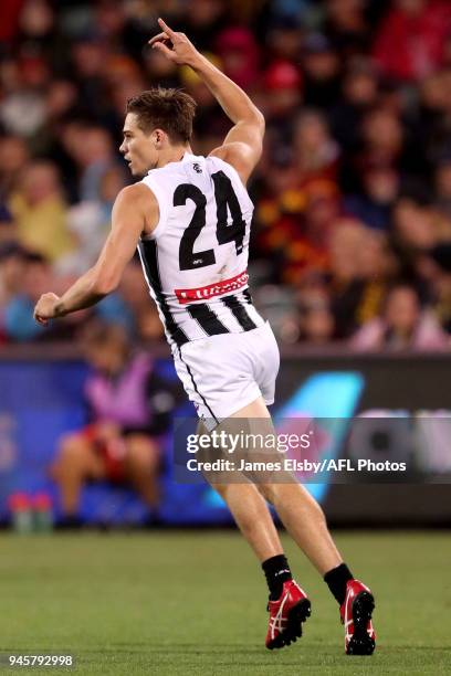 Josh Thomas of the Magpies celebrates a goal during the 2018 AFL Round 04 match between the Adelaide Crows and the Collingwood Magpies at Adelaide...