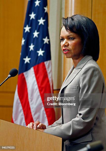 Condoleezza Rice, secretary of the U.S. State Department, gives a speech in Washington, D.C., U.S., on Monday, Oct. 22, 2007. Rice spoke about...