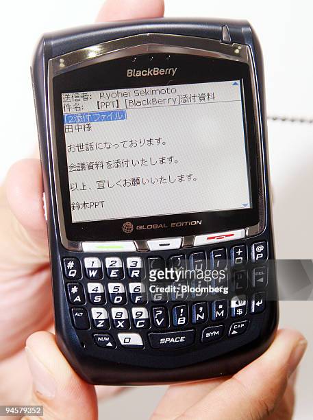 DoCoMo Inc. Japanese-language version BlackBerry 8707h wireless device is shown at the WIRELESS JAPAN 2007 in Tokyo, Japan, on Wednesday, July 18,...