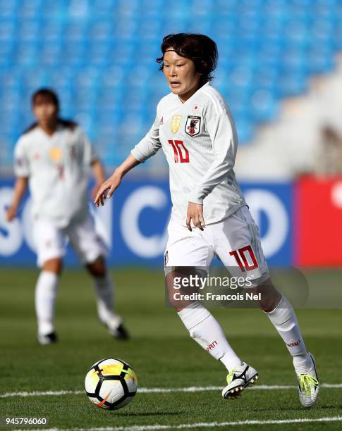 Mizuho Sakaguchi of Japan in action during the AFC Women's Asian Cup Group B match between Japan and Australia at the Amman International Stadium on...