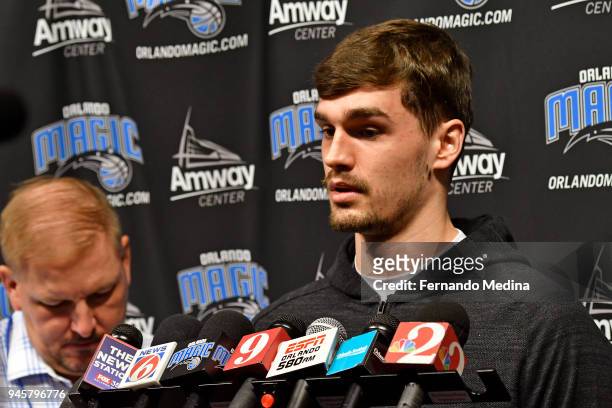 Mario Hezonja of the Orlando Magic talks to the media during a press conference on April 12, 2018 at Amway Center in Orlando, Florida. NOTE TO USER:...
