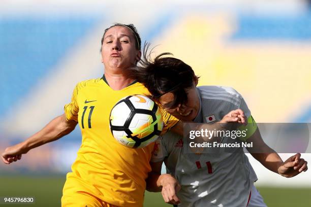 Saki Kumagai of Japan and Lisa De Vanna of Australia in action during the AFC Women's Asian Cup Group B match between Japan and Australia at the...