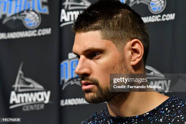 Nikola Vucevic of the Orlando Magic talks to the media during a press conference on April 12, 2018 at Amway Center in Orlando, Florida. NOTE TO USER:...