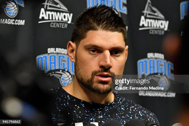 Nikola Vucevic of the Orlando Magic talks to the media during a press conference on April 12, 2018 at Amway Center in Orlando, Florida. NOTE TO USER:...